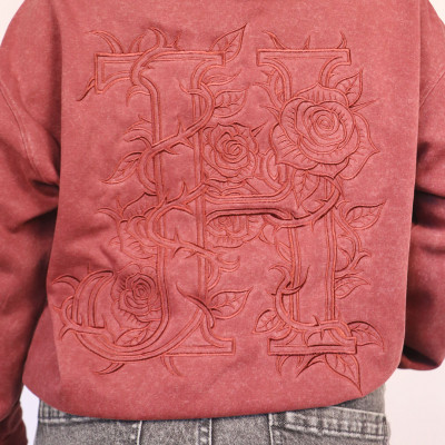Flower Embroidery Burgundy Oversize